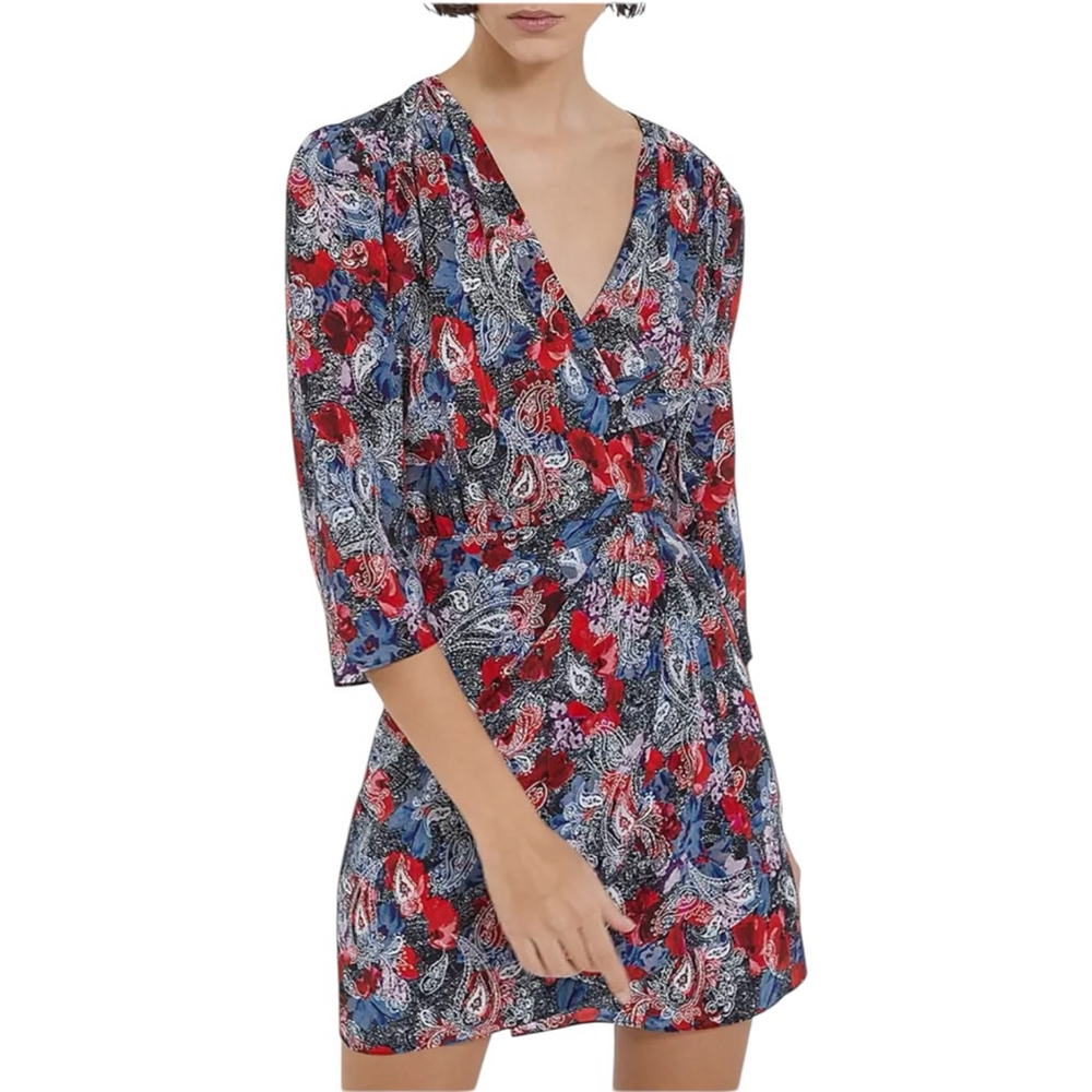 THE KOOPLES Black Red Paisley Floral 100% Silk Wrap Mini Dress Size 1 (US 4)